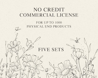 NO CREDIT Commercial License for FIVE Sets, for up to 1000 Units, Digital Svg, Png, Eps, Pdf, Jpg Clipart, Procreate Brushes, Digital Papers