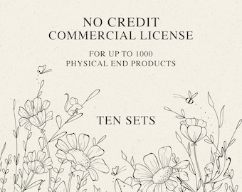 NO CREDIT Commercial License for Ten Sets, for up to 1000 Units, Digital Svg, Png, Eps, Pdf, Jpg Clipart, Procreate Brushes, Digital Papers