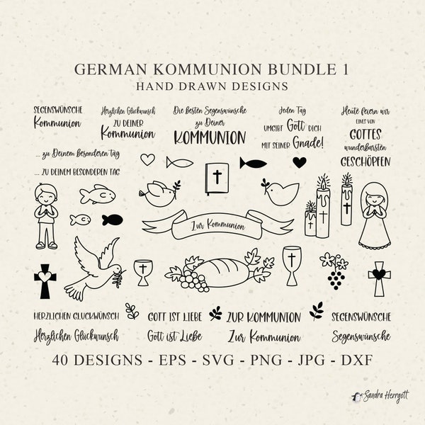 Deutsche Kommunion Plotterdatei SVG DXF PNG Taube Fisch Brot Wein Bibel Kerze Banner Kreuz Cricut Mädchen Junge Silhouette Glückwünsche Clipart