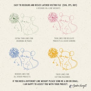 May include: Four variations of a line drawing of a mouse holding a dandelion. The line weights are extra thin, thin, medium, and thick. The text reads "Easy to recolor and resize layered vector file (SVG, EPS, DXF) 6 designs in 4 line weights. Extra thin lines for colouring in pages. Thin lines for delicate projects & laser scoring. Medium lines for all other projects. Thick lines for cutting machines. If you need a different line weight please send me a DM or email. I am happy to assist you with your project. Sandra Herrgott"