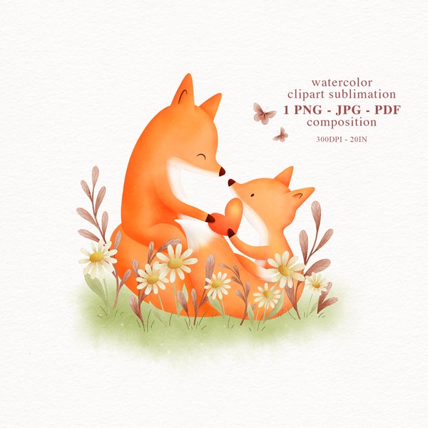 Cute Fox Mum with Cub Watercolour Sublimation Clipart File Png Jpg Pdf, Little Forest Baby Animal Valentine Nursery Art Baby-shower Decor