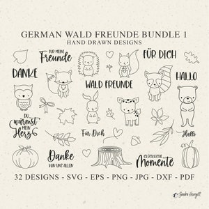 Fichier de traceur allemand Wald Freunde SVG DXF PNG feuille renard ours hibou écureuil cerf coeur Cricut Silhouette téléchargement traçage Bundle Clipart animaux