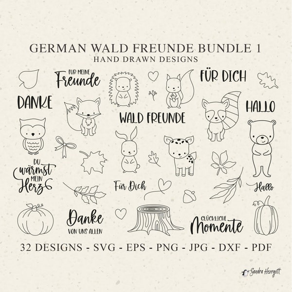 German Wald Freunde Plotter File SVG DXF PNG Leaf Fox Bear Owl Squirrel Deer Heart Cricut Silhouette Download Plotting Bundle Animal Clipart