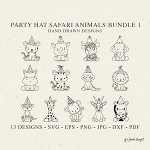 Chapéu de festa de animal de safári, arquivo plotter svg dxf png jpg tigre cricut leão silhueta girafa clipart vinil arquivo cortado a laser macaco hipopótamo aniversário