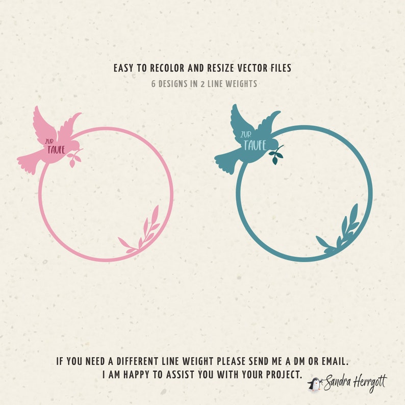 May include: Two circular frames with a dove and olive branch design. The frames are in pink and teal blue. The text "zur Taufe" is written on each dove.