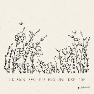 Fichier clipart svg prairie de fleurs sauvages, botanique Cricut, fichier floral coupé, jolie silhouette de lapin, fichier traceur renard, écureuil, chat, papillon