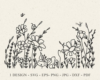 Wildflower Meadow svg clipart file, Botanical  Cricut, Floral Cut file, Cute Bunny Silhouette, Plotter file Fox, Squirrel, Cat, Butterfly