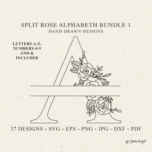 Archivo de trazador de alfabeto de rosa dividida Svg Dxf Eps Png Jpg Letra y número Cricut Monograma floral Silueta de boda Clipart de flor Archivo de corte de vinilo