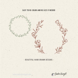 May include: Two hand-drawn floral wreaths, one in green and one in red. The green wreath is a circle, while the red wreath is open at the top. Both wreaths are made of simple lines and are perfect for adding a touch of nature to your designs.