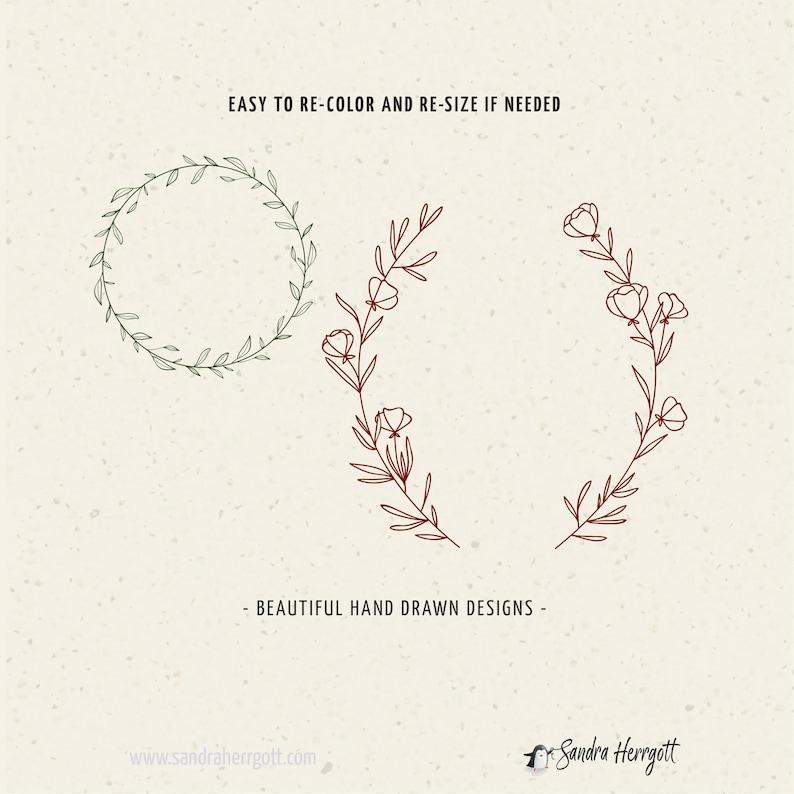May include: Two hand-drawn floral wreaths, one in green and one in red. The green wreath is a circle, while the red wreath is open at the top. Both wreaths are made of simple lines and are perfect for adding a touch of nature to your designs.