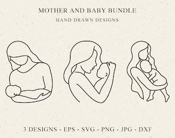 May include: A digital art bundle featuring three minimalist line drawings of a mother and baby. The designs are in black lines on a beige background. Text at the top reads "Mother and Baby Bundle, Hand Drawn Designs."