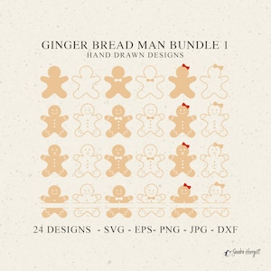 Può includere: Una collezione di 24 disegni di omini di pan di zenzero, con versioni riempite e contornate, alcuni con fiocchi e fiocchetti. Il testo "GINGER BREAD MAN BUNDLE 1" e "HAND DRAWN DESIGNS" è incluso. Formati file: SVG, EPS, PNG, JPG e DXF.