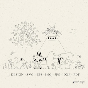 Plik plotera Tepee Woodland Friend Svg Dxf Png Jpg Forest Cricut Silhouette Animal Clipart Vinyl Laser Cut File Wiewiórka Borsuk Jeleń Drzewo