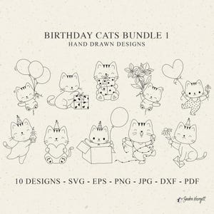 Gato de aniversário, plotter, arquivo de corte a laser, svg, dxf, png, jpg, pdf, animal bebê fofo, silhueta, clipart, festa de comemoração, chapéu, presente, balão, gatinho