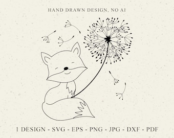 May include: A black line art illustration of a fox holding a dandelion with seeds blowing in the wind. The text reads HAND DRAWN DESIGN, NO AI, 1 DESIGN - SVG - EPS - PNG - JPG - DXF - PDF, and Sandra Herrgott with a small penguin icon.