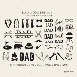 Icone del papà, file plotter SVG, DXF, EPS, PNG, Jpg, cappello del padre, Cricut, papillon, silhouette, calzini, file in vinile, clipart, pacchetto di strumenti, pipa, barbecue