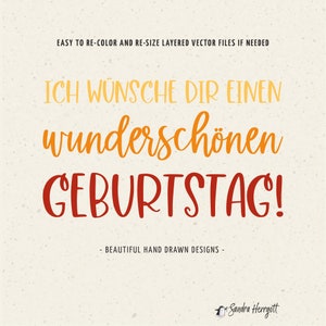 May include: A digital illustration of a birthday greeting in German. The text reads "Ich w&uuml;nsche dir einen wundersch&ouml;nen Geburtstag!" which translates to "I wish you a wonderful birthday!" The text is in a handwritten style with orange and red colours.