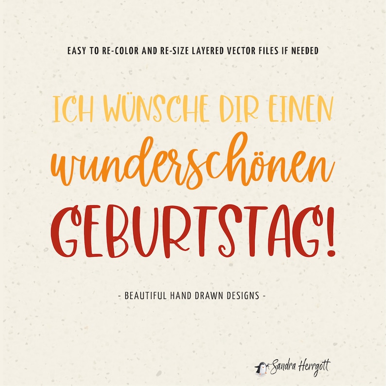 May include: A digital illustration of a birthday greeting in German. The text reads "Ich w&uuml;nsche dir einen wundersch&ouml;nen Geburtstag!" which translates to "I wish you a wonderful birthday!" The text is in a handwritten style with orange and red colours.