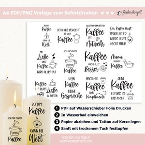 Pu&ograve; includere: Un foglio stampabile con 10 disegni a tema caff&egrave; con illustrazioni di tazze da caff&egrave;, caffettiere e testo in tedesco. I disegni sono pensati per essere utilizzati come adesivi per candele. Sono incluse le istruzioni per applicare gli adesivi.