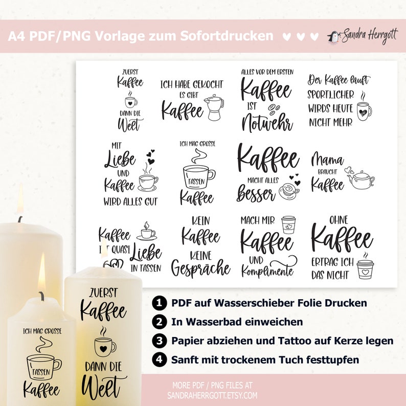 Pu&ograve; includere: Un foglio stampabile con 10 disegni a tema caff&egrave; con illustrazioni di tazze da caff&egrave;, caffettiere e testo in tedesco. I disegni sono pensati per essere utilizzati come adesivi per candele. Sono incluse le istruzioni per applicare gli adesivi.