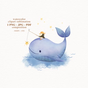 Süße Pinguin Wale Freunde Aquarell Sublimation Clipart Datei Png Jpg Pdf, Ozean Tier, Abenteuer Kinderzimmer Kunst Baby Shower Geburtstag Dekor