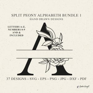 Gespleten pioen alfabet plotter bestand Svg Dxf Eps Png Jpg Letter & nummer Cricut Floral Monogram bruiloft silhouet Clipart Vinyl Lasergesneden bestand