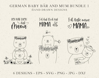 German Baby and Mama Bear Plotter File SVG DXF PNG I love you mum Cricut Silhouette Download Plotting Bundle Cute Forest Animal Clipart