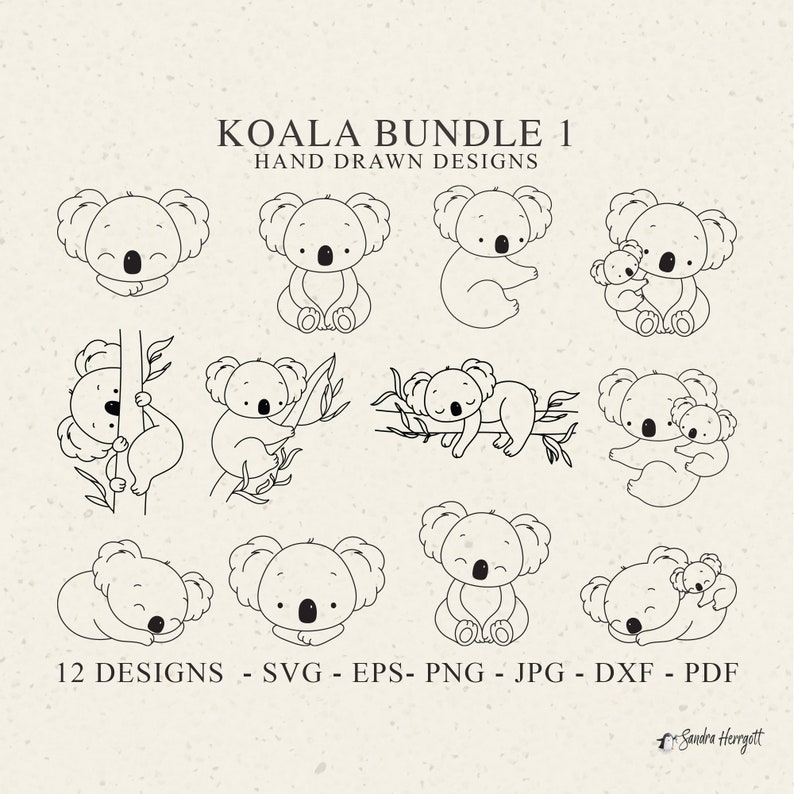 K&ouml;nnte beinhalten: Eine Sammlung von 12 handgezeichneten Koala-Designs in Schwarz und Wei&szlig;. Die Koalas werden in verschiedenen Posen dargestellt, darunter sitzen, schlafen und sich an &Auml;sten festhalten. Der Text oben lautet "KOALA BUNDLE 1 HAND DRAWN DESIGNS". Dateiformate sind SVG, EPS, PNG, JPG, DXF und PDF.
