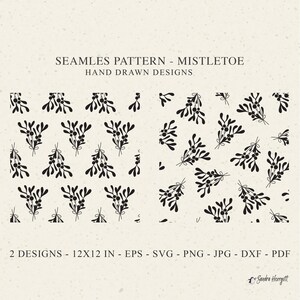 Könnte beinhalten: Ein nahtloses Musterdesign mit schwarzen Mistel-Illustrationen auf cremefarbenem Hintergrund. Der Text lautet "SEAMLES PATTERN - MISTLETOE HAND DRAWN DESIGNS". Das Design ist 30,48 cm x 30,48 cm groß und in EPS, SVG, PNG, JPG, DXF und PDF-Formaten verfügbar.