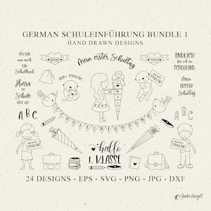 Allemand Schuleinführung traceur fichier SVG DXF PNG Schultüte Cricut Zuckertüte Silhouette Joli garçon fille Clipart Bundle livre bannière sac à dos