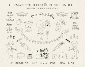 German Schuleinführung Plotter File SVG DXF PNG Schultüte Cricut Zuckertüte Silhouette Cute Boy Girl Clipart Bundle Book Banner Backpack