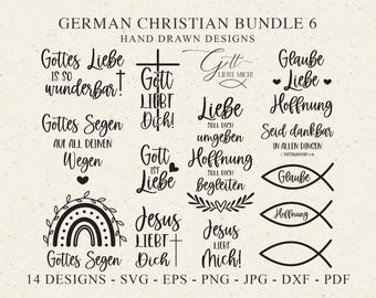 May include: A digital design bundle with 14 hand-drawn German Christian designs. The designs include phrases like "Gottes Liebe" and "Jesus liebt Dich," along with Christian symbols. The designs are available in SVG, EPS, PNG, JPG, DXF, and PDF formats.