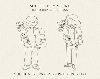 German Schulkind Plotter File SVG DXF PNG Jpg Schultüte Cricut Zuckertüte Silhouette Cute Boy Girl Clipart Schuleinführung Laser Cut File
