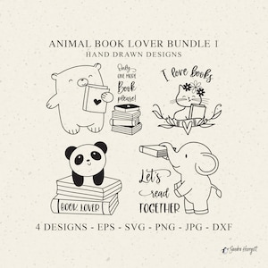 Dierenboekenliefhebber Svg-bundel Bear Reading Cricut Cute Cat Book Silhouette DXF Baby Panda School Clipart PNG Sweet Elephant Vinyl gesneden bestand