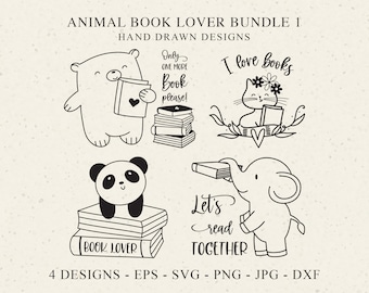 Animal Book Lover Svg Bundle Bear Reading Cricut Cute Cat Book Silhouette DXF Baby Panda School Clipart PNG Sweet Elephant Vinyl Cut File