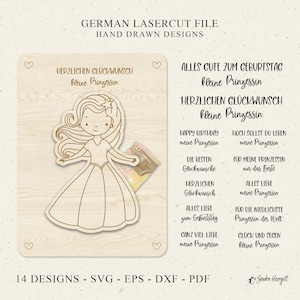 Laser geschnitten Datei Geldgeschenk Prinzessin Geburtstag Mädchen SVG EPS DXF Banknote Verpackung Kartenhalter, niedliches skurriles Märchen-Design langes Kleid Haar