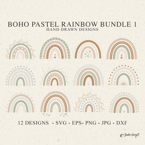 Archivo de trazador de arcoíris pastel boho Svg Dxf Png Jpg Eps Marrón Gris Verde Cricut Corazón Silueta Estrella Clipart Lindo Archivo de corte de vinilo Plantilla de bricolaje