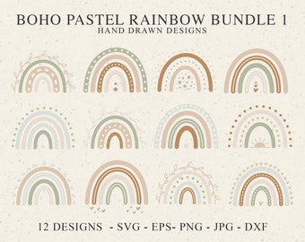 Boho Pastel Rainbow Plotter File Svg Dxf Png Jpg Eps Brown Grey Green Cricut Heart Silhouette Star Clipart Cute Vinyl Cut File DIY Stencil