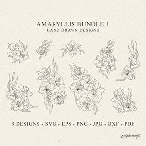 Arquivo de plotter de amarílis Svg Dxf Png Eps Jpg Flor silvestre fofa Cricut Botânico Floral Clipart Silhueta de planta de jardim Casamento Vinil Arquivo de corte