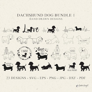 Puede incluir: Una colección de 23 diseños de perros salchicha dibujados a mano en blanco y negro. Los diseños incluyen varias poses, motivos de corazón y texto como "Love", "I Love" y "Hello Sausage". La imagen también enumera formatos de archivo: SVG, EPS, PNG, JPG, DXF y PDF.