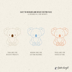 K&ouml;nnte beinhalten: Drei Cartoon-Illustrationen von Koala-B&auml;ren in braunen, blauen und orangefarbenen Umrissen. Der Text lautet "EASY TO RECOLOR AND RESIZE VECTOR FILES" und "12 DESIGNS IN 3 LINE WEIGHTS". Unter jedem Koala steht Text, der die Linienst&auml;rken beschreibt: "THIN LINES FOR DELICATE PROJECTS", "MEDIUM LINES FOR CUTTING MACHINES" und "THICK LINES FOR PAPER CUTTING".