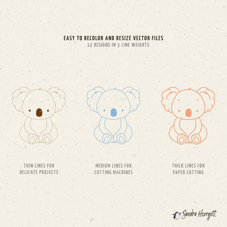 K&ouml;nnte beinhalten: Drei Cartoon-Illustrationen von Koala-B&auml;ren in braunen, blauen und orangefarbenen Umrissen. Der Text lautet "EASY TO RECOLOR AND RESIZE VECTOR FILES" und "12 DESIGNS IN 3 LINE WEIGHTS". Unter jedem Koala steht Text, der die Linienst&auml;rken beschreibt: "THIN LINES FOR DELICATE PROJECTS", "MEDIUM LINES FOR CUTTING MACHINES" und "THICK LINES FOR PAPER CUTTING".