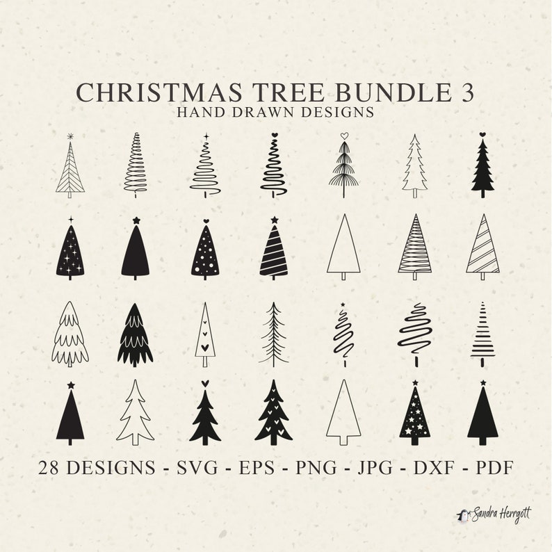 May include: A set of 28 hand-drawn Christmas tree designs in black and white. The designs include various styles, such as simple outlines, trees with stars, hearts, and stripes. The text "CHRISTMAS TREE BUNDLE 3" and "HAND DRAWN DESIGNS" is at the top of the image. The text "28 DESIGNS - SVG - EPS - PNG - JPG - DXF - PDF" is at the bottom of the image.