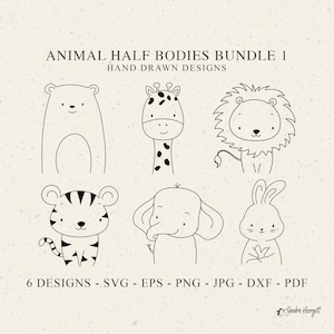 Arquivo de plotter de meio corpo de animal fofo Svg Dxf Png Jpg Pdf Leão Cricut Urso Silhueta Girafa Vinil Arquivo de corte a laser Tigre Clipart Coelho Elefante