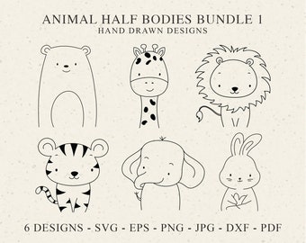 Cute Animal Half Body Plotter File Svg Dxf Png Jpg Pdf Lion Cricut Bear Silhouette Giraffe Vinyl Laser Cut File Tiger Clipart Bunny Elephant