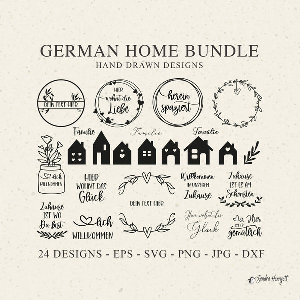 Duitse Home Plotter bestand SVG DXF PNG huis hart liefde botanische Cricut silhouet downloaden plotten bundel krans clipart familie welkom