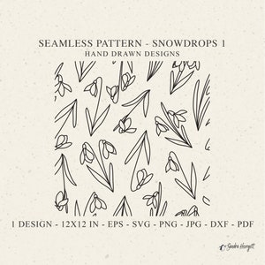 Perce-neige modèle sans couture Svg Dxf Png Eps Jpg Pdf fleur Cricut fond traceur fichier Floral papier peint Clipart vinyle coupe fichier Silhouette