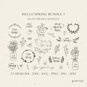 Hallo Frühling Plotterdatei SVG DXF PNG Niedlich Blume Botanische Kranz Cricut Silhouette Download Plotting Bundle Liebe Schmetterling Vogel Floral