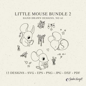May include: A collection of hand-drawn mouse designs in black and white. The image includes mice in various poses, surrounded by floral and star accents. Text at the top reads "LITTLE MOUSE BUNDLE 2". The bottom text indicates the designs are available in multiple file formats.
