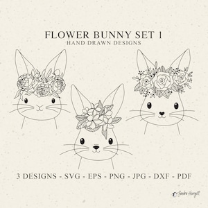 Fichier de traceur floral mignon lapin Svg Dxf Png Pdf Jpg botanique Cricut Floral Silhouette bébé lapin Animal Clipart vinyle découpé au Laser fichier fleur